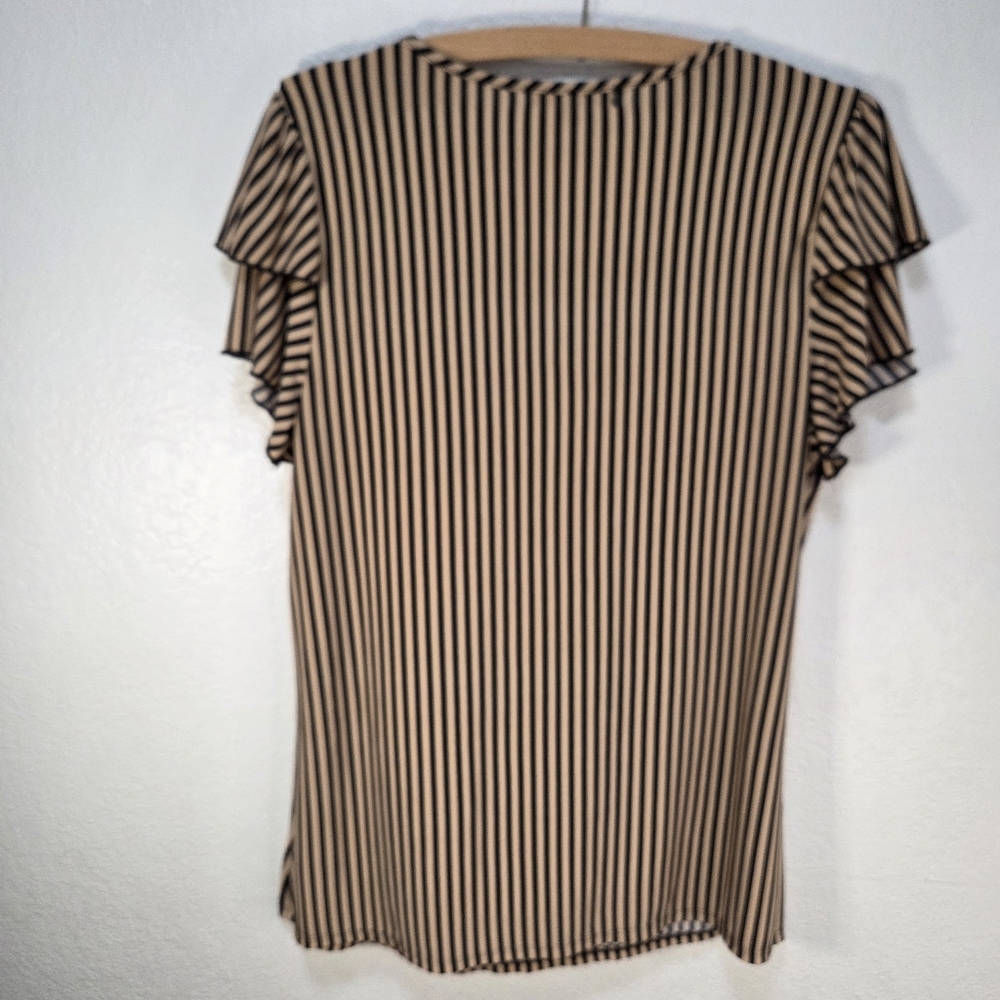 Atelier 29 Blouse Top Size Large Vertical Stiped Ruffle Short Sleeves - Picture 2 of 15